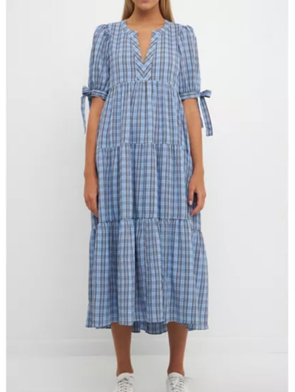 English Factory Gingham Tiered Bow-Tie-Sleeves Midi Dress Size S